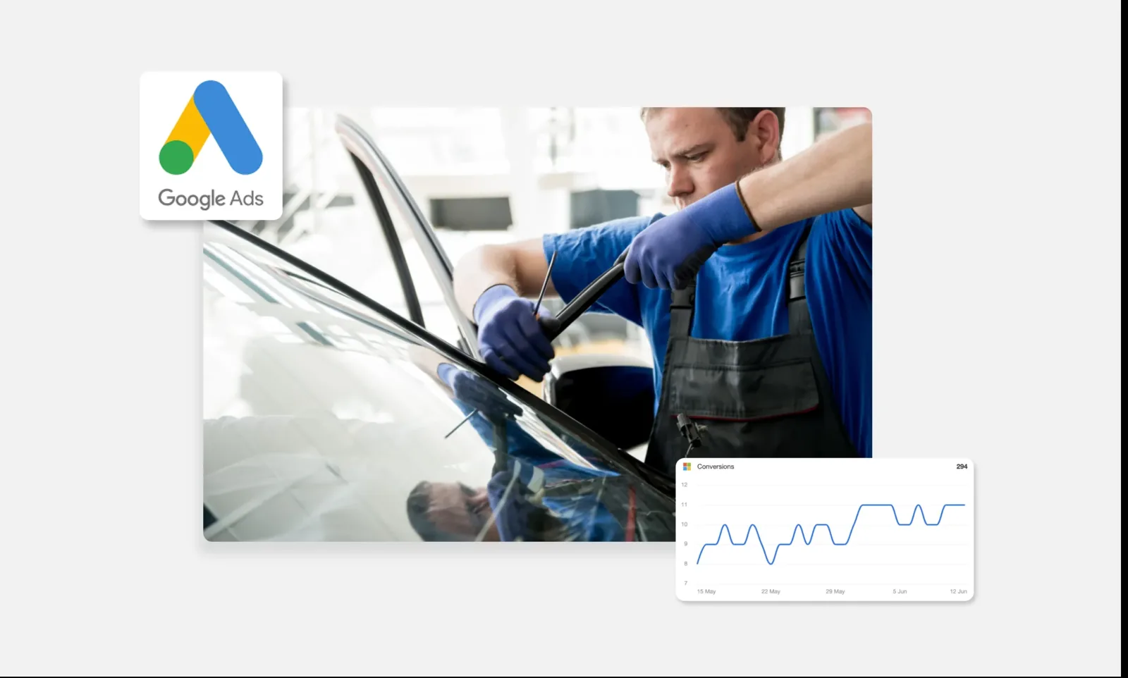 Technician fitting a car windshield beside the Google Ads logo