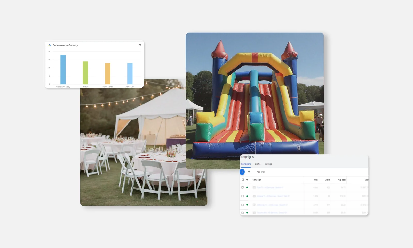 Event tent with tables and an inflatable slide