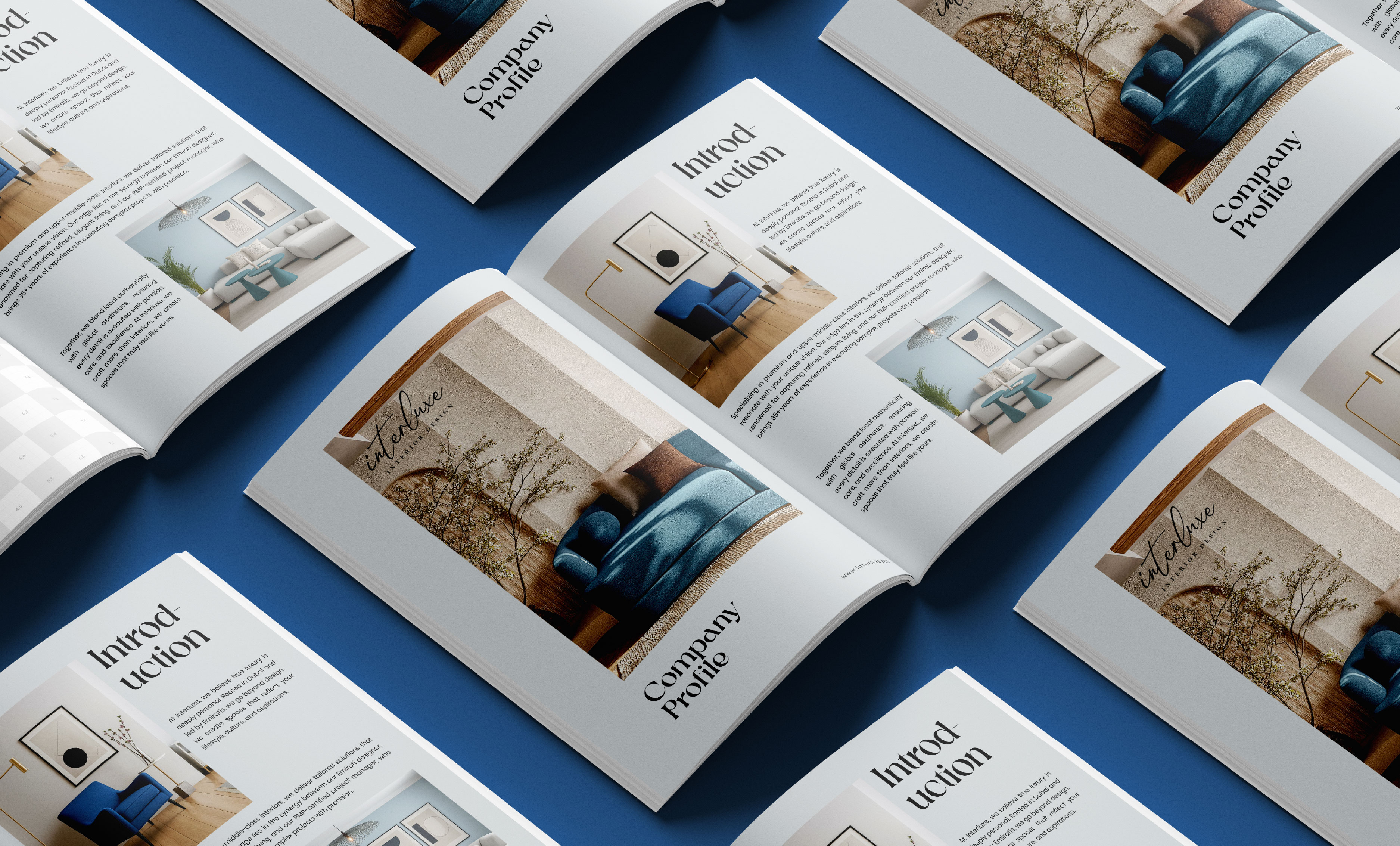 Company profile magazine for Interluxe Interior Design, laid out in a repeating grid and opened to the introduction spread, designed by 360Kreations