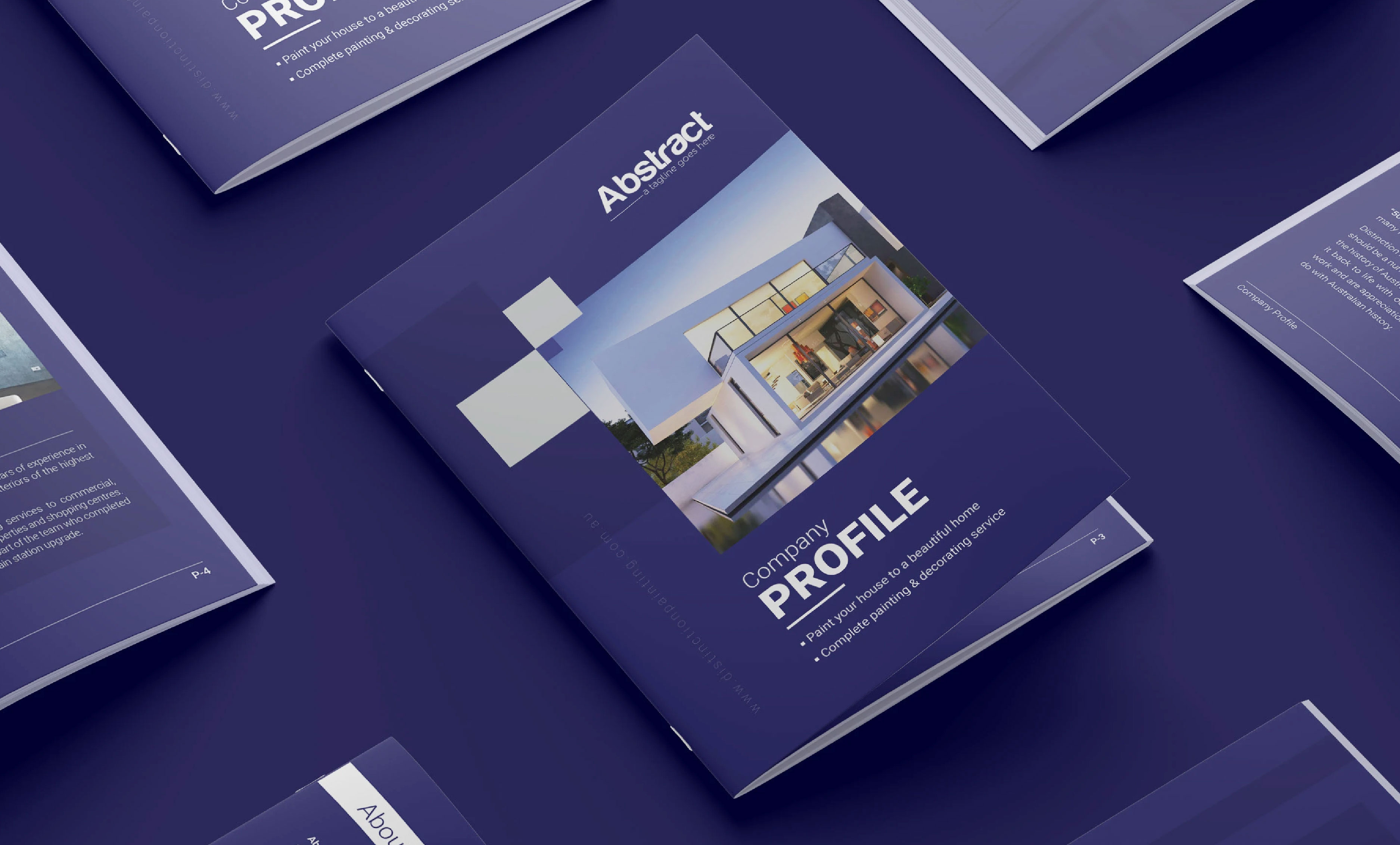Company profile cover for Abstract, a painting and decorating service, pairing modern house photography with a deep violet layout, designed by 360Kreations