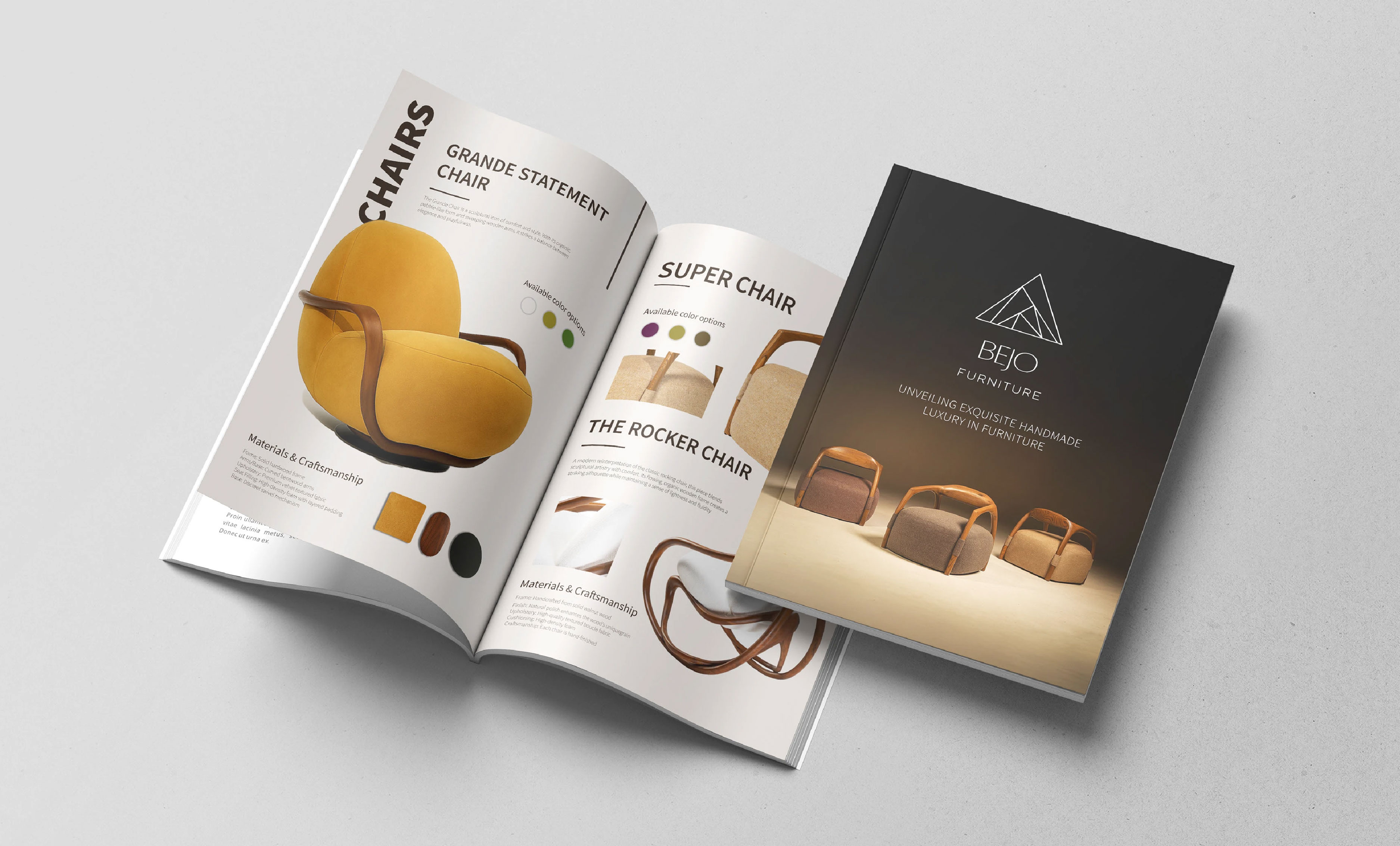 Product catalogue for Bejo Furniture, open at the chairs pages for the Grande Statement and Rocker chairs beside the black cover, designed by 360Kreations