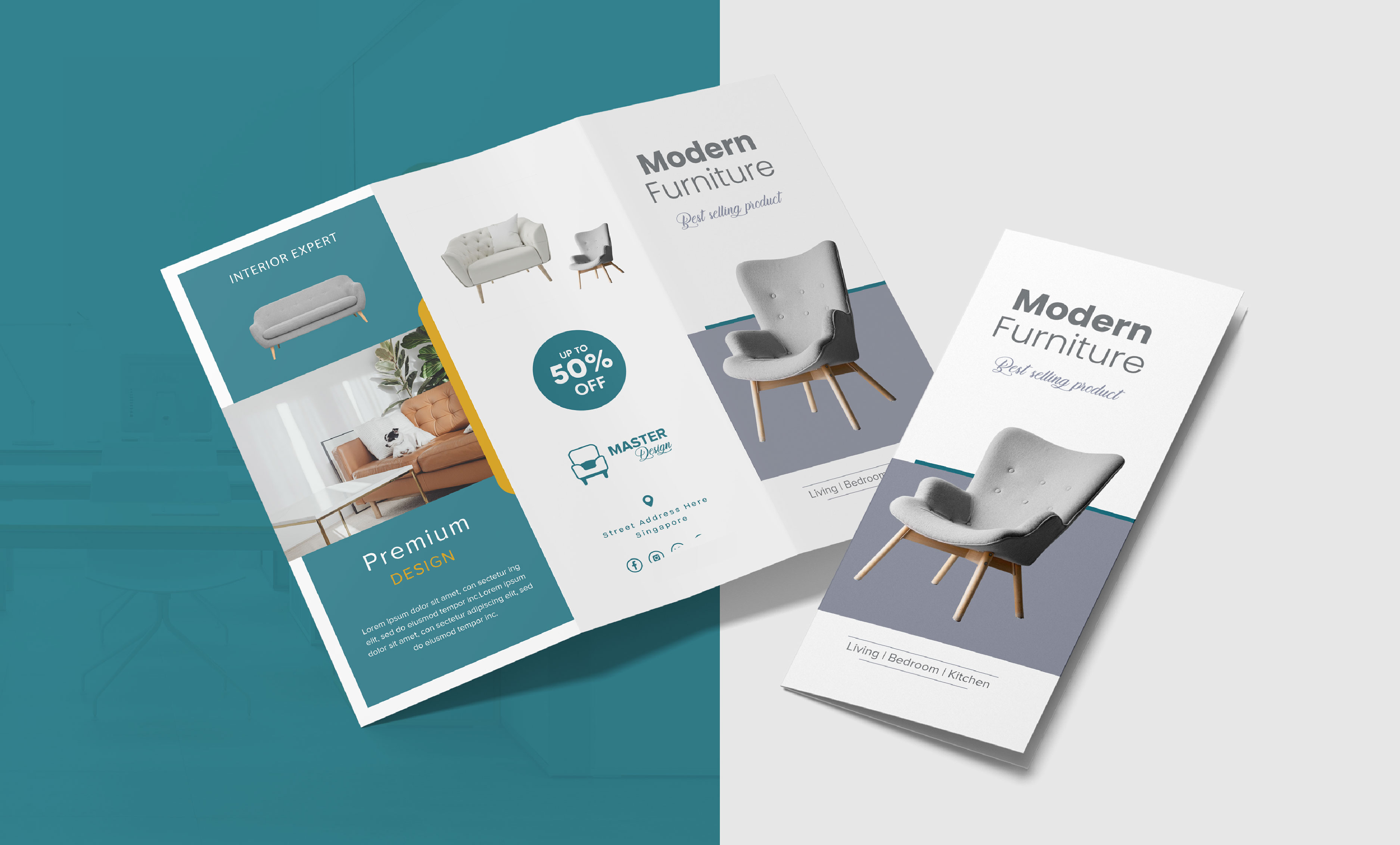Trifold retail brochure for Master Design modern furniture, opened flat beside its cover panel with best-selling chairs and a fifty per cent off badge, designed by 360Kreations